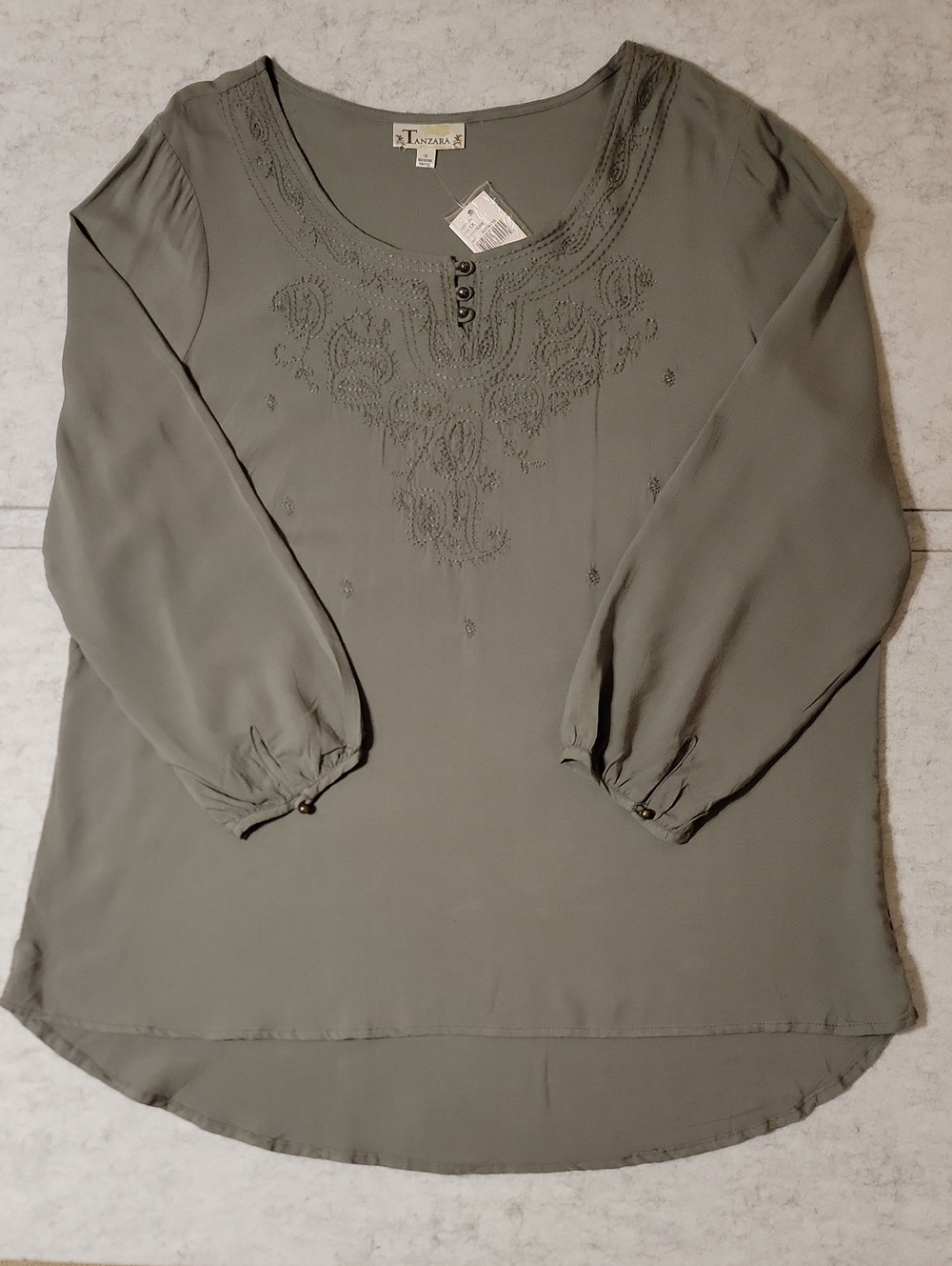 NWT Tanzara Plus Size 1X Olive Green Embroidered Rayon Boho Tunic Top
